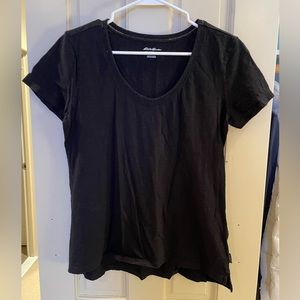 Eddie Bauer v neck black short sleeve shirt, medium. Detailing around neckline